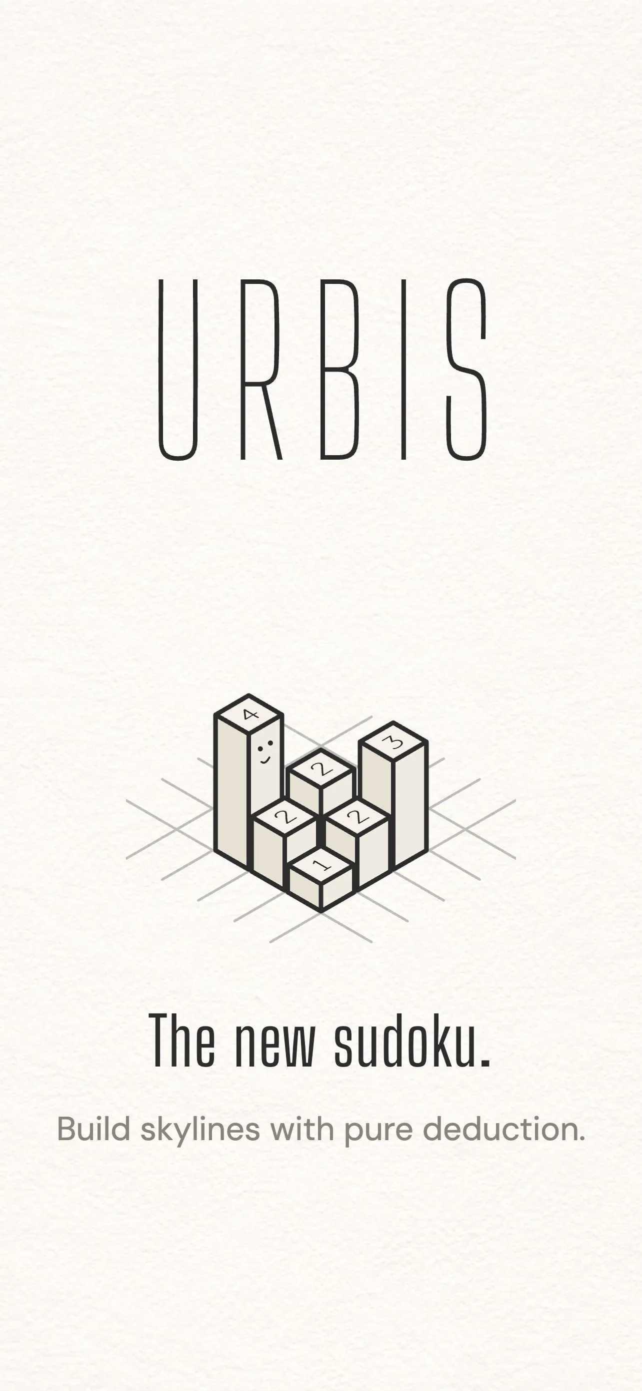Urbis home screen with 3D isometric skyscraper puzzle city and smiling building