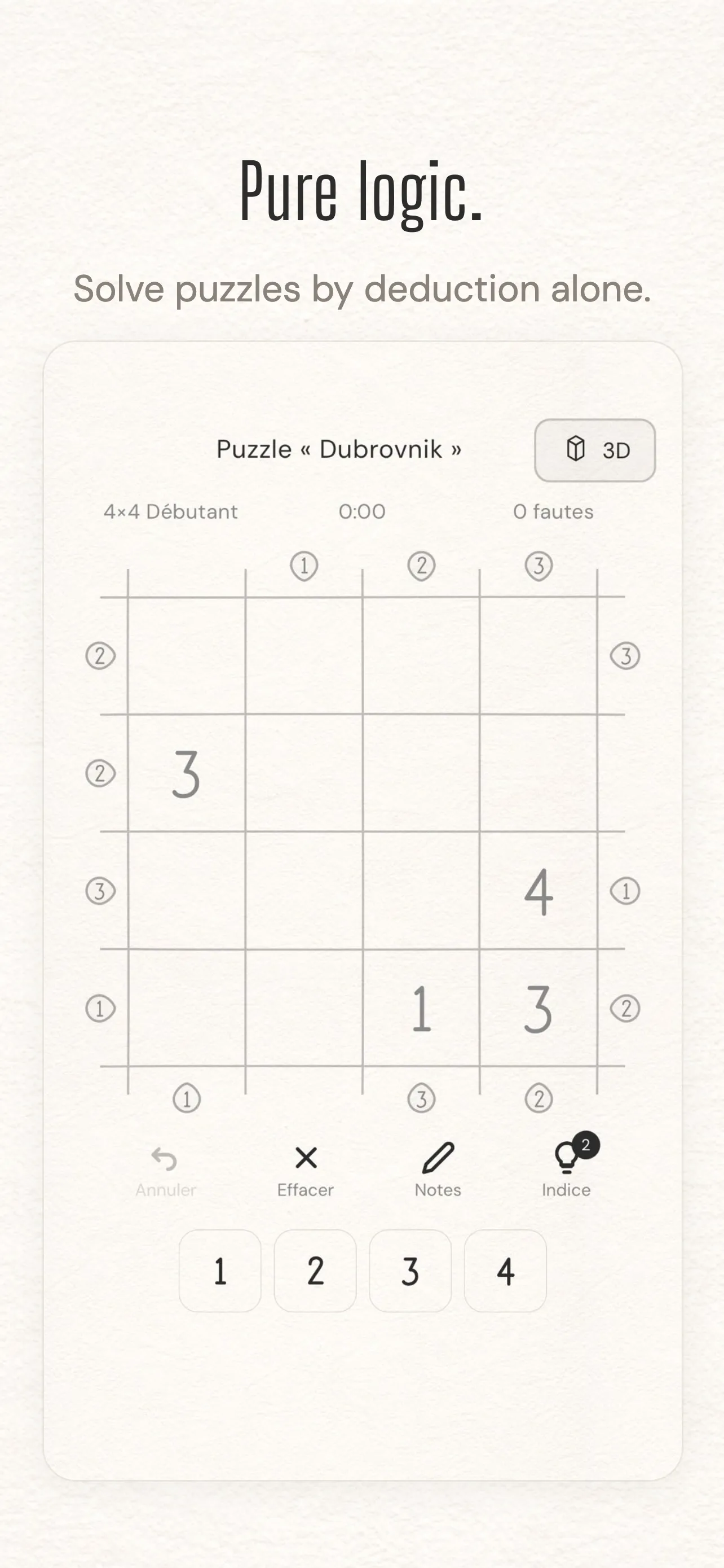 Urbis game screen with skyscraper puzzle grid, number input and hint buttons