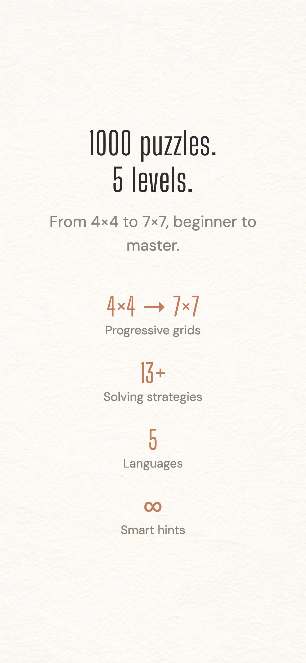 Urbis features: five difficulty levels, multiple languages and solving strategies